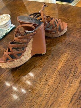 Moda Rust Brown Cork Wedge Sandals with Strappy Upper